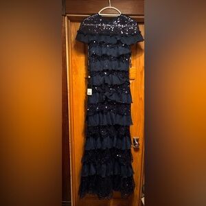 TADASHI SHOJI Navy Blue Embellished Tiered Ruffle Gown 10 NWT